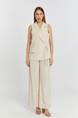 Bej Geniş Paça Dokuma Pantolon