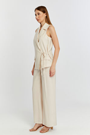 Bej Geniş Paça Dokuma Pantolon