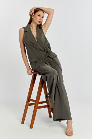 Haki Geniş Paça Dokuma Pantolon