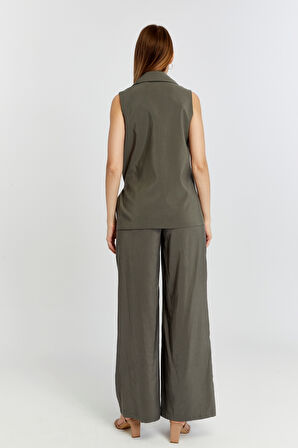 Haki Geniş Paça Dokuma Pantolon