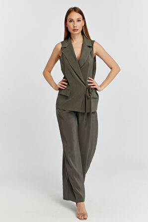 Haki Geniş Paça Dokuma Pantolon