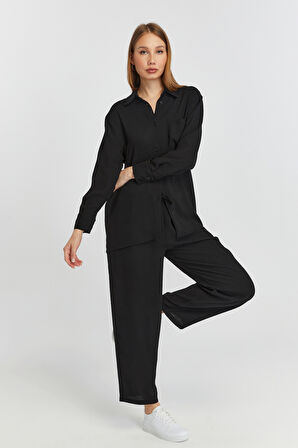 Kadın Siyah Casual Salaş Kalıp Gömlek 