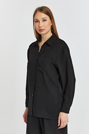 Kadın Siyah Casual Salaş Kalıp Gömlek 