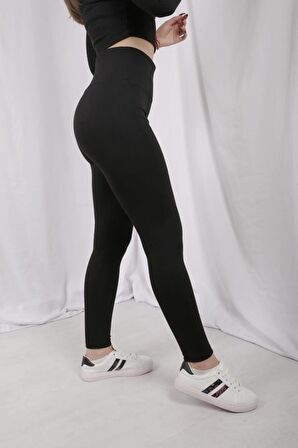 Kadın Siyah Geniş Kemer Çelik Örme Tayt