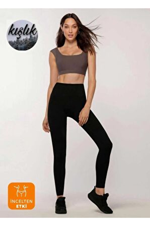 Incelme Etkili Siyah Kışlık Toparlayıcı Şardonlu Yüksek Bel Örme Çelik Tayt