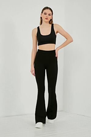 Kadın Siyah Yüksek Bel Ispanyol Paça Tayt