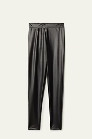 Kadın Yüksek Bel Toparlayıcı Ince Mat Deri Tayt - Siyah