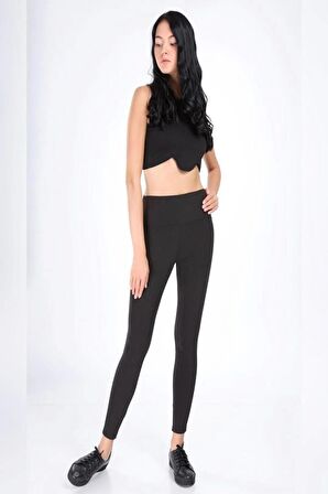 Kadın Siyah Geniş Kemerli Çelik Örme Tayt