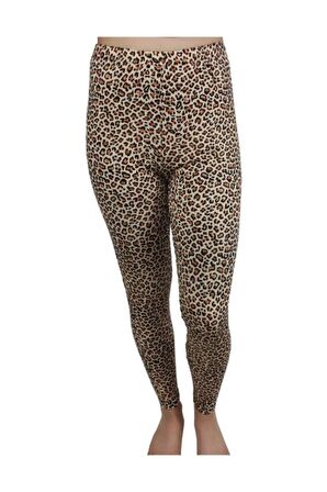 Kadın Leopar Desenli Uzun Penye Pamuklu Tayt