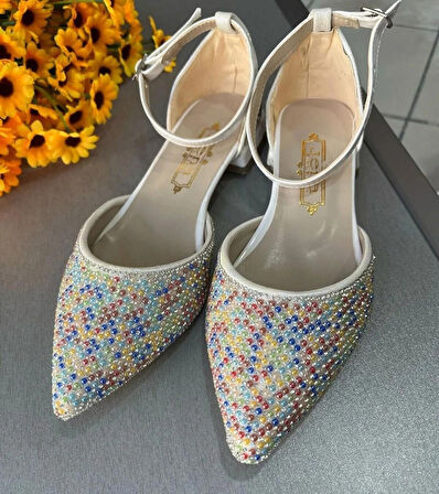 KISA TOPUK BİLEKTEN BAĞLI ÇOK RENLİ BONCUK DETAYLI SPOR ŞIKLIK KONFORLU KADIN AYAKKABI