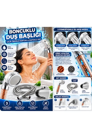 İyonizer Boncuklu Duş Başlığı 3 Fonksiyonlu Çelik Örgülü Hortumlu Mafsallı Set
