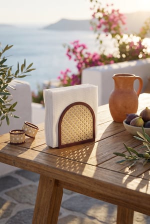 Rattan Hasır Peçetelik - Modern Boho Hazeranlı Masaüstü Peçete Düzenleyici
