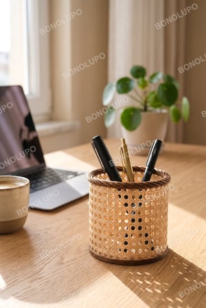 Rattan Görünümlü Dekoratif Masaüstü Organizer & Kalemlik | Makyaj ve Fırça Düzenleyici