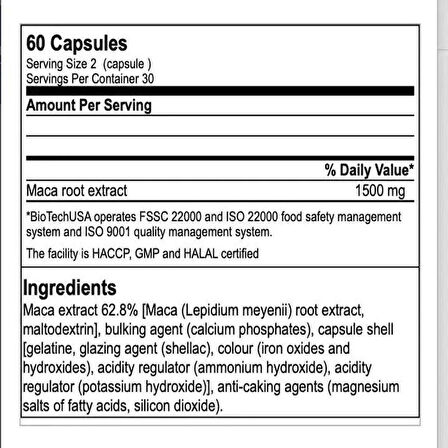 BioTech USA 1500 Mg MACA ROOT (maca tozu) 60 capsules