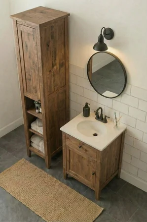 Adn Dizayn | Rustik Ceviz Doğal Ladin El İşçiliği Banyo Dolabı Takımı