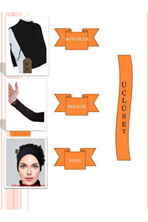 Boyunluk , Bone (SİLİKONLU FIRFIRLI KAYMAZ BONE), Kolluk (ÜÇLÜ SET)siyah Hijab Tesettür