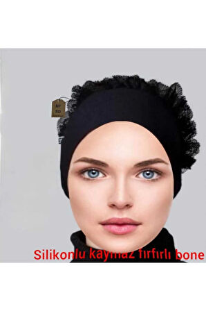 Boyunluk , Bone (SİLİKONLU FIRFIRLI KAYMAZ BONE), Kolluk (ÜÇLÜ SET)siyah Hijab Tesettür