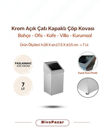 Krom Açık Çatı Kapaklı Çöp Kovası 7 Lt
