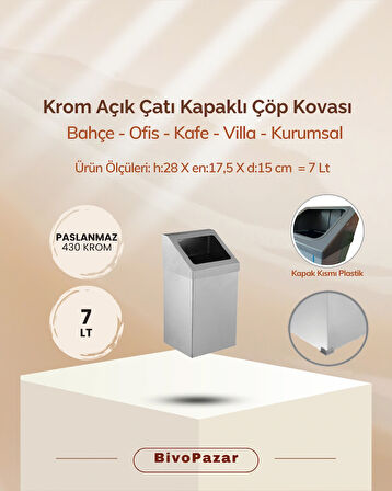 Krom Açık Çatı Kapaklı Çöp Kovası 7 Lt