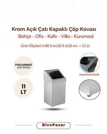 Krom Açık Çatı Kapaklı Çöp Kovası 11 Lt