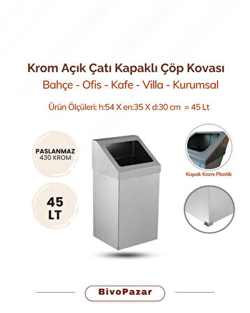 Krom Açık Çatı Kapaklı Çöp Kovası 45 Lt