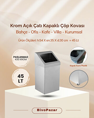 Krom Açık Çatı Kapaklı Çöp Kovası 45 Lt