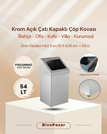 Krom Açık Çatı Kapaklı Çöp Kovası 54 Lt