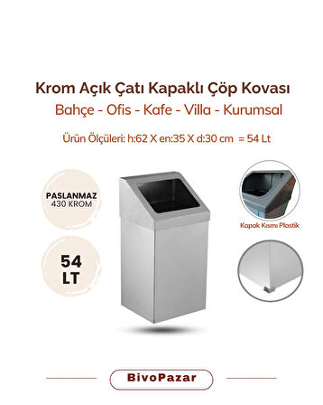 Krom Açık Çatı Kapaklı Çöp Kovası 54 Lt