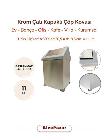 Krom Sallanır Çatı Kapaklı Çöp Kovası 11 Lt