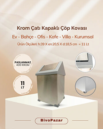Krom Sallanır Çatı Kapaklı Çöp Kovası 11 Lt