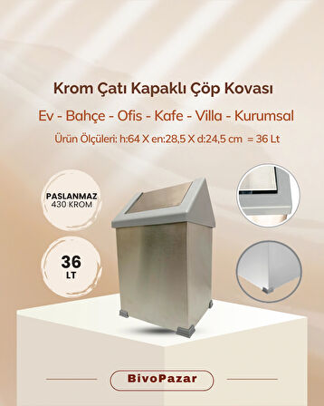 Krom Sallanır Çatı Kapaklı Çöp Kovası 36 Lt