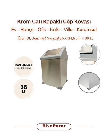 Krom Sallanır Çatı Kapaklı Çöp Kovası 36 Lt