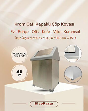 Krom Sallanır Çatı Kapaklı Çöp Kovası 45 Lt