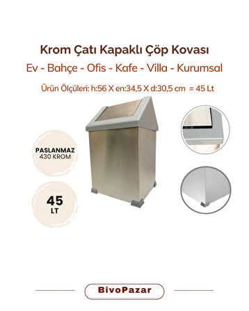 Krom Sallanır Çatı Kapaklı Çöp Kovası 45 Lt