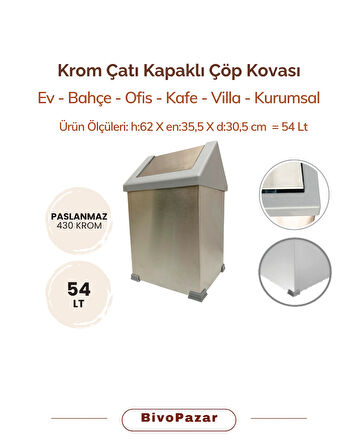 Krom Sallanır Çatı Kapaklı Çöp Kovası 54 Lt