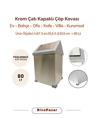 Krom Sallanır Çatı Kapaklı Çöp Kovası 80 Lt