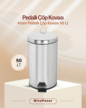 Paslanmaz Krom 50 Lt Pedallı Çöp Kovası