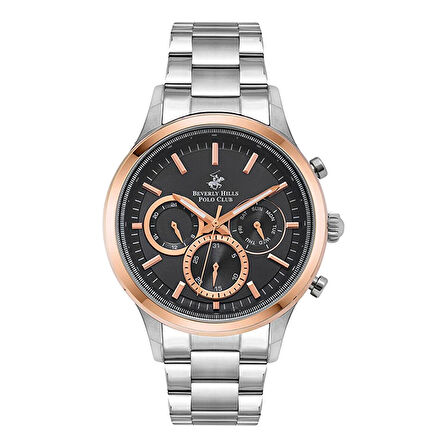 Beverly Hills Polo Club BP3026X.550 Erkek Kol Saati | 45 mm Gümüş Çelik Kordon, Rose Gold Bezel, Siyah Kadran