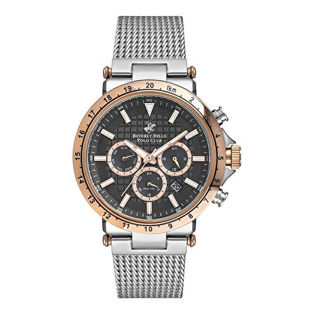 Beverly Hills Polo Club BP3144X.560 Erkek Kol Saati | 44 mm Gümüş Hasır Kordon, Rose Gold Detaylar, Siyah Kadran