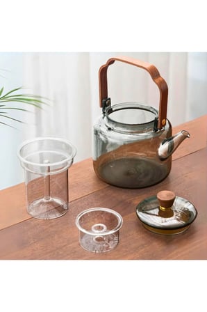4 Adet Akasya Saplı Demlik – 1200 ML Borosilikat Cam, Akasya Ahşap Saplı Çay Demliği Ve Teapot