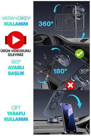 360 Araba Telefon Tutucu Ayarlanabilir Masa Üstü Vakumlu Mıknatıslı Magsafe Telefon Tutucu Siyah