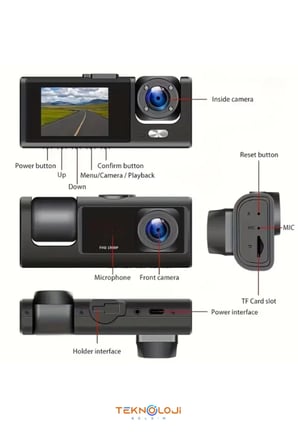 1080P Dash Cam Full Hd Araç içi Kamera Ön Arka ve İç Kayıt 3 Kamera Gece Görüşlü G Sensör Geniş Açı