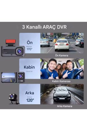 A-98 WiFi Full HD 3 Kameralı Araç İçi Güvenlik Kamerası + Park Modu Kablosu Ön-Arka-İç Kayıt,DashCam