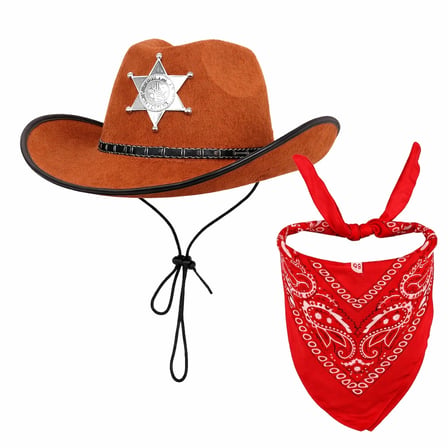Çocuk Kovboy Şapka Rozetli Kahverengi &amp; Kırmızı Bandana Fular Seti