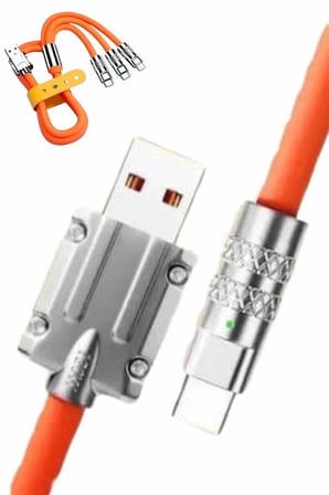 Eco Lounge 120W LED Işıklı 3'ü 1 Arada Şarj ve Data Kablosu Turuncu 1.2 Metre Type-C Micro USB Lightning