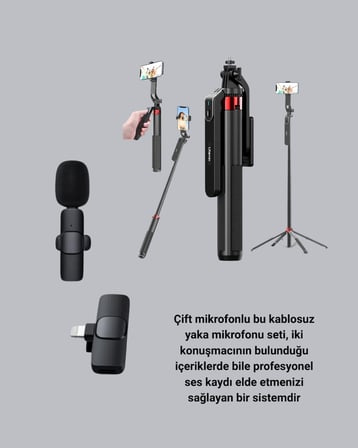 Vlog ve Canlı Yayın İçin Çift Yaka Mikrofonu ve Tripodlu Selfie Çubuğu Seti