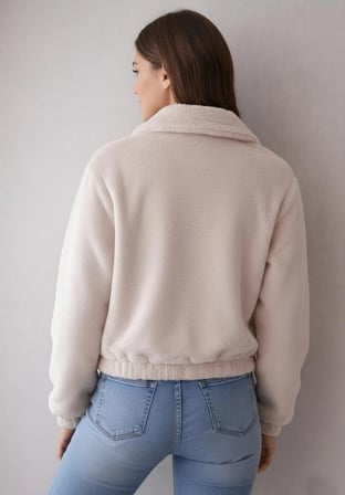 Kadın İç Astarlı Fermuarlı Çift Cepli Crop Bej Peluş Mont
