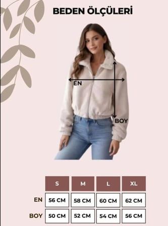 Kadın İç Astarlı Fermuarlı Çift Cepli Crop Bej Peluş Mont