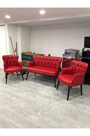 Pera  Ofis Büro Bekleme Koltuk Takımı Kırmızı Renk Ahşap Ayak Kapitoneli