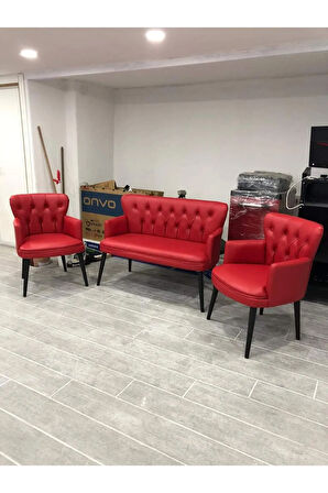 Pera  Ofis Büro Bekleme Koltuk Takımı Kırmızı Renk Ahşap Ayak Kapitoneli